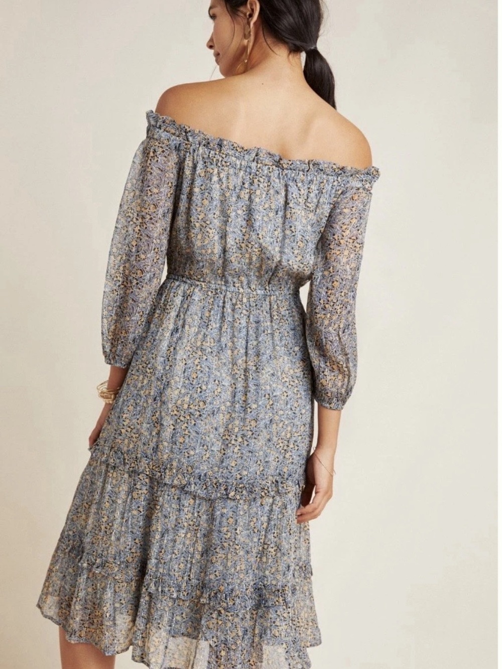 Anthropologie Kira Off-the-Shoulder-SZ 6-Blue Shimmer Peasant Dress Stretchy$198 - Picture 3 of 14
